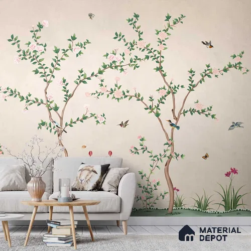 Chinoiserie Pattern Wallpaper, Birds and Branches, Customised Indrani Series Canvas Florals Design (Customised Size Wallpaper )