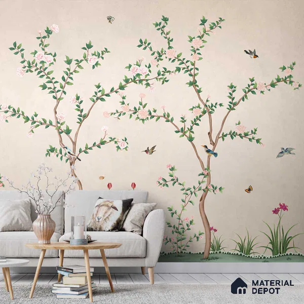 Chinoiserie Pattern Wallpaper, Birds and Branches, Customised Indrani Series Canvas Florals Design (Customised Size Wallpaper )