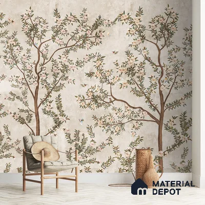 700111 - Chinoiserie Pattern Wallpaper for Walls, Customised Indrani Series Soft Feel Tropical Design (Customised Size Wallpaper )