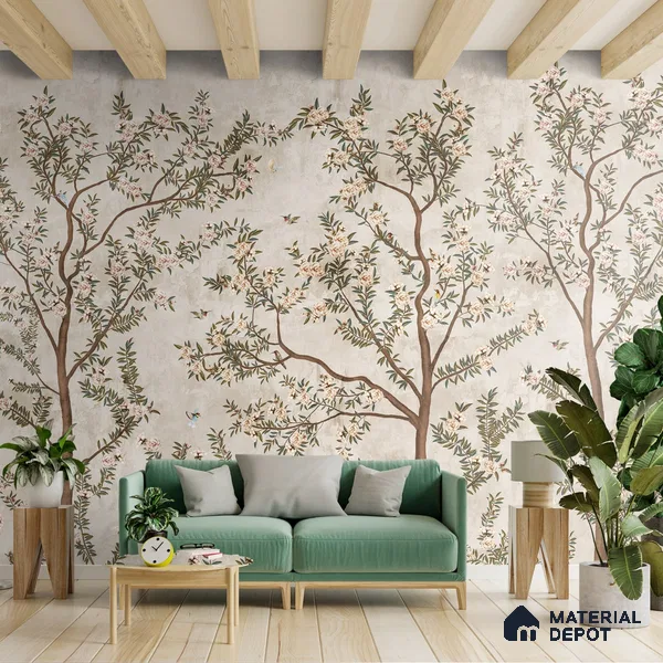 700111 - Chinoiserie Pattern Wallpaper for Walls, Customised Indrani Series Soft Feel Tropical Design (Customised Size Wallpaper )