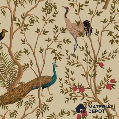 Chinoiserie Theme Wallpaper with Peacock, Khaki 10 Meter x 19.68 Inches Soft Feel Wallpaper - 54 Sq. Ft. | Minimum 15% wastage during installation