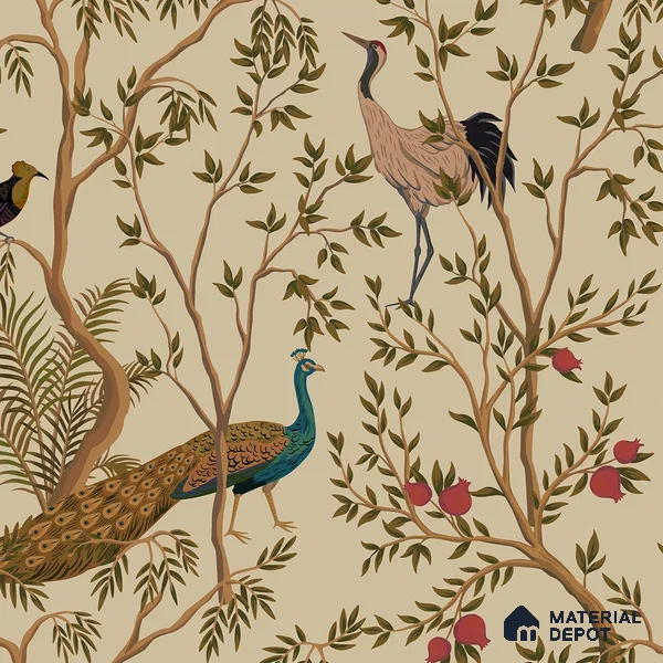 Chinoiserie Theme Wallpaper with Peacock, Khaki 10 Meter x 19.68 Inches Soft Feel Wallpaper - 54 Sq. Ft. | Minimum 15% wastage during installation