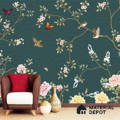Chinoiserie Wall Mural with Birds and Flowers, Customised Indrani Series Soft Feel Florals Design (Customised Size Wallpaper )
