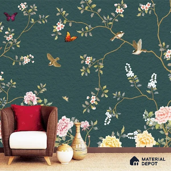 Chinoiserie Wall Mural with Birds and Flowers, Customised Indrani Series Soft Feel Florals Design (Customised Size Wallpaper )