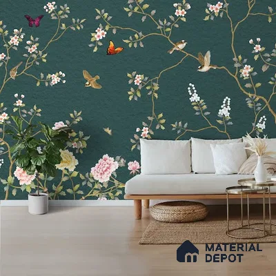 Chinoiserie Wall Mural with Birds and Flowers, Customised Indrani Series Soft Feel Florals Design (Customised Size Wallpaper )
