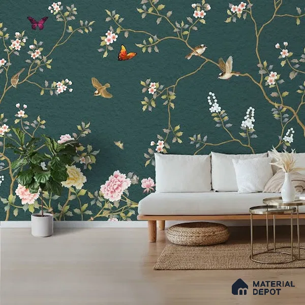 Chinoiserie Wall Mural with Birds and Flowers, Customised Indrani Series Soft Feel Florals Design (Customised Size Wallpaper )