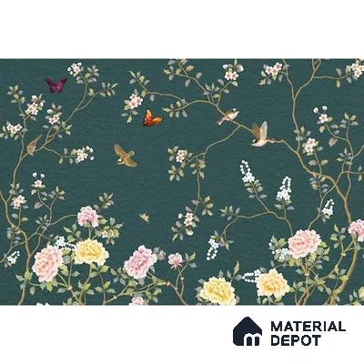 Chinoiserie Wall Mural with Birds and Flowers, Customised Indrani Series Soft Feel Florals Design (Customised Size Wallpaper )