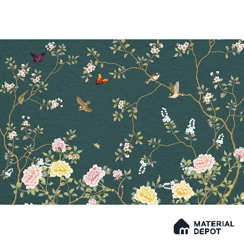 Chinoiserie Wall Mural with Birds and Flowers, Customised Indrani Series Canvas Florals Design (Customised Size Wallpaper )