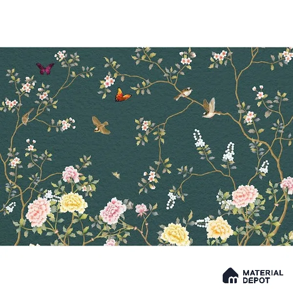 Chinoiserie Wall Mural with Birds and Flowers, Customised Indrani Series Soft Feel Florals Design (Customised Size Wallpaper )