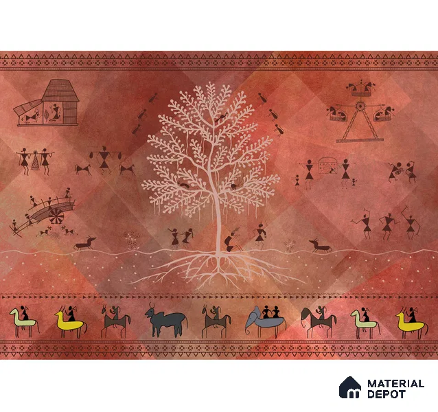 Chitra, Modern Warli Art Design Wallpaper Design for Walls, Customised Sukoon Series Handmade Patterned Design (Customised Size Wallpaper)