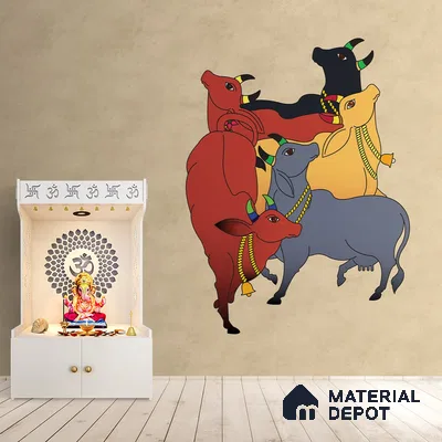 Colourful Cows Pichwai Wallpaper for Rooms, Customised Indrani Series Handmade Artistic Design (Customised Size Wallpaper )