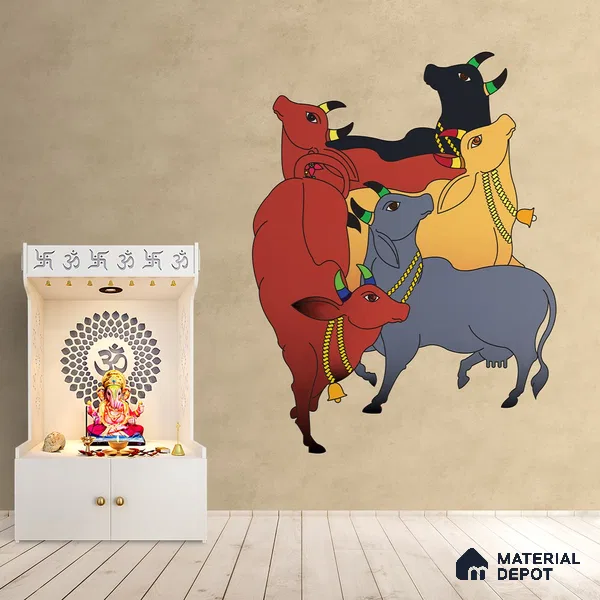 Colourful Cows Pichwai Wallpaper for Rooms, Customised Indrani Series Handmade Artistic Design (Customised Size Wallpaper )
