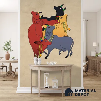 Colourful Cows Pichwai Wallpaper for Rooms, Customised Indrani Series Handmade Artistic Design (Customised Size Wallpaper )