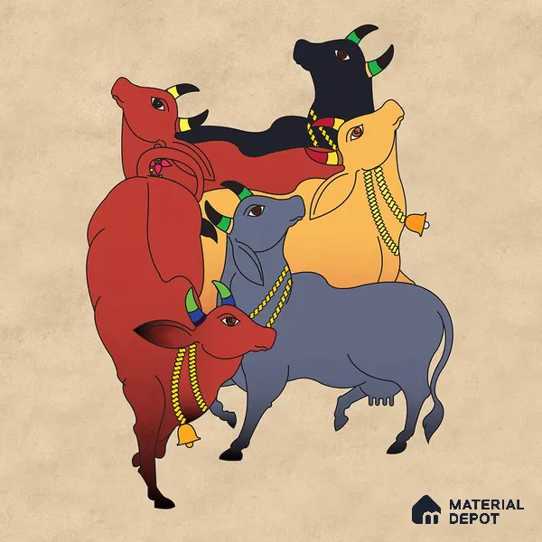 Colourful Cows Pichwai Wallpaper for Rooms, Customised Indrani Series Handmade Artistic Design (Customised Size Wallpaper )