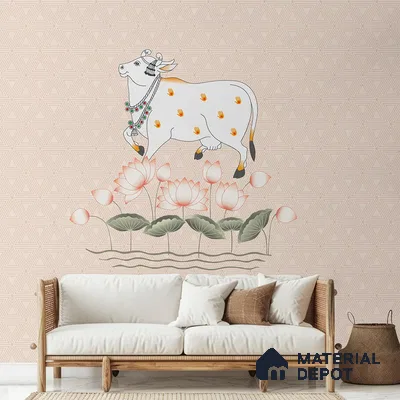 Cow and Lotuses, Pichwai Cream Color Canvas (Customised Wallpaper)