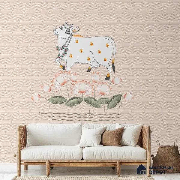 Cow and Lotuses, Pichwai Cream Color Canvas (Customised Wallpaper)