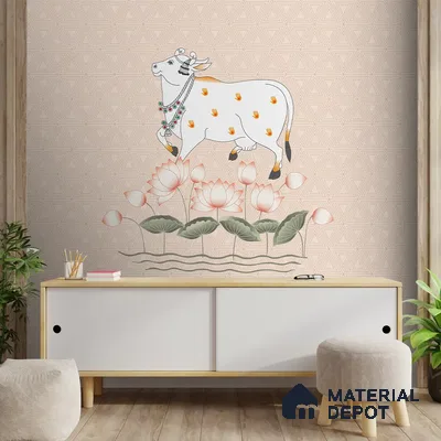 Cow and Lotuses, Pichwai Cream Color Canvas (Customised Wallpaper)