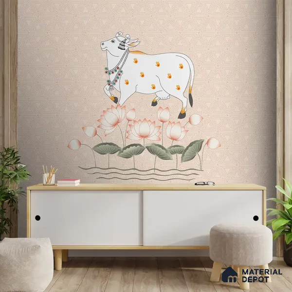 Cow and Lotuses, Pichwai Cream Color Canvas (Customised Wallpaper)