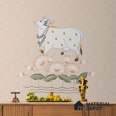 Cow and Lotuses, Pichwai Cream Color Canvas (Customised Wallpaper)