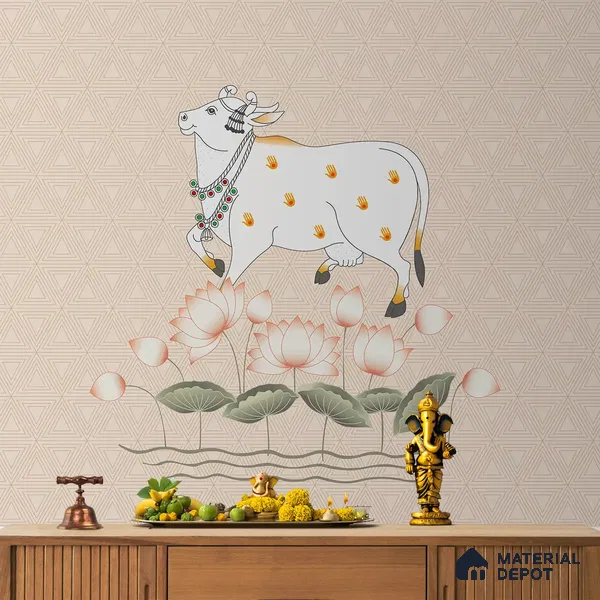 Cow and Lotuses, Pichwai Cream Color Canvas (Customised Wallpaper)
