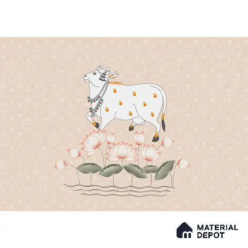 Cow and Lotuses, Pichwai Cream Color Handmade (Customised Wallpaper)