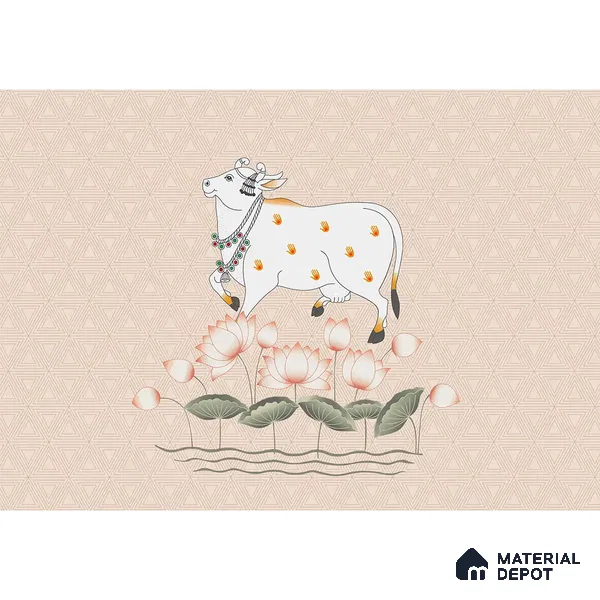 Cow and Lotuses, Pichwai Cream Color Canvas (Customised Wallpaper)
