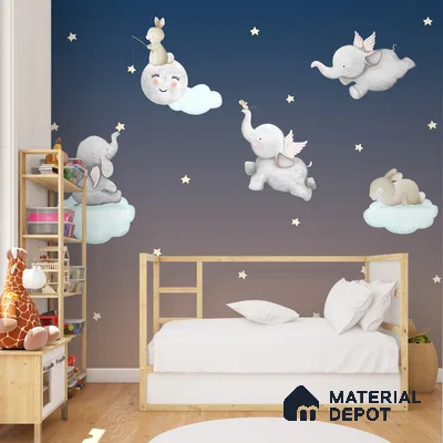 Cute Elephants and Bunnies in Nursery Kids Room Wallpaper Sparkla N Shine Series Soft Feel Entertainment Design (Customised Size Wallpaper)