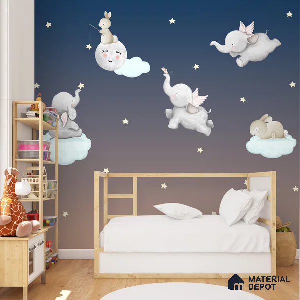 Cute Elephants and Bunnies in Nursery Kids Room Wallpaper Sparkla N Shine Series Soft Feel Entertainment Design (Customised Size Wallpaper)