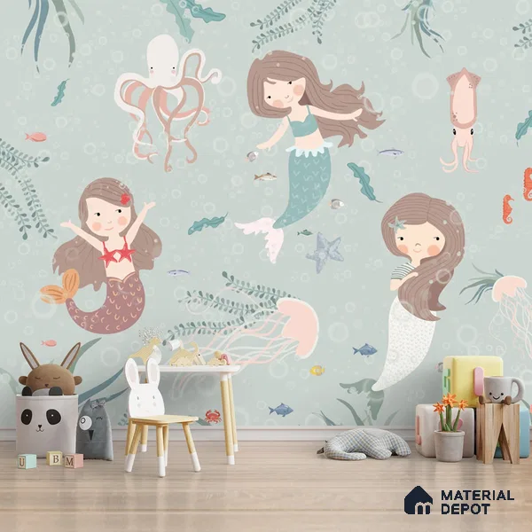 Cute Mermaids Wall Mural for Kids Room Handmade (Customised Wallpaper)
