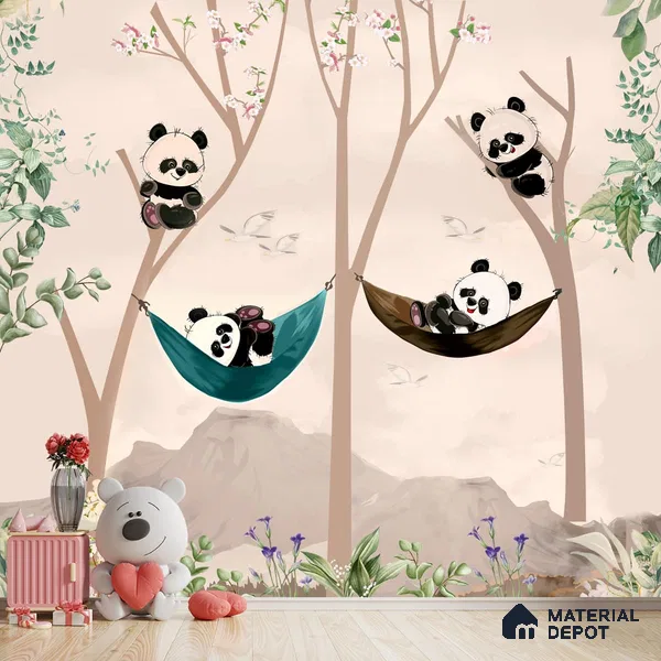 Cute Panda on Hammock Wallpaper for Kids Room Wall, Customised Sparkla N Shine Series Handmade Entertainment Design (Customised Size Wallpaper)