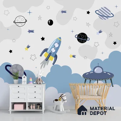 Blue and Grey Space Theme Customized Soft Feel Children Wallpaper