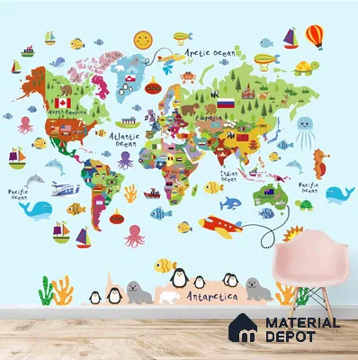 Cute World Map for Kids Room, Young Kids Bedroom Wallpapers Sparkla N Shine Series Soft Feel Map Design (Customised Size Wallpaper)