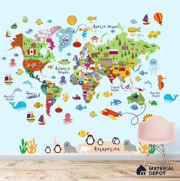 Cute World Map for Kids Room, Young Kids Bedroom Wallpapers Sparkla N Shine Series Soft Feel Map Design (Customised Size Wallpaper)