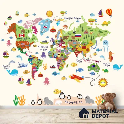Cute World Map for Kids Room, Young Kids Bedroom Wallpapers Sparkla N Shine Series Soft Feel Map Design (Customised Size Wallpaper)