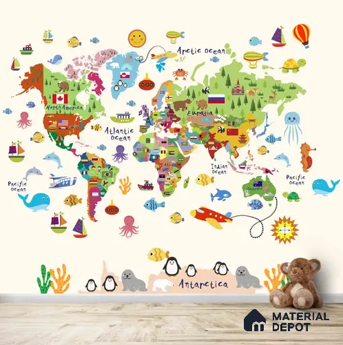 Cute World Map for Kids Room, Young Kids Bedroom Wallpapers Sparkla N Shine Series Canvas Map Design (Customised Size Wallpaper)