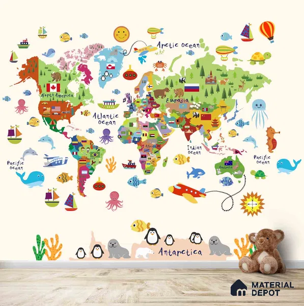 Cute World Map for Kids Room, Young Kids Bedroom Wallpapers Sparkla N Shine Series Soft Feel Map Design (Customised Size Wallpaper)