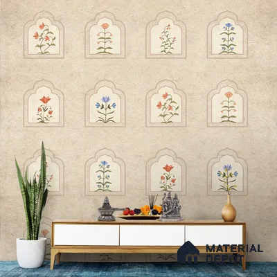 Floral Radiance Framed Jharokha Wallpaper for Rooms, Customised Indrani Series Soft Feel Patterned Design (Customised Size Wallpaper )