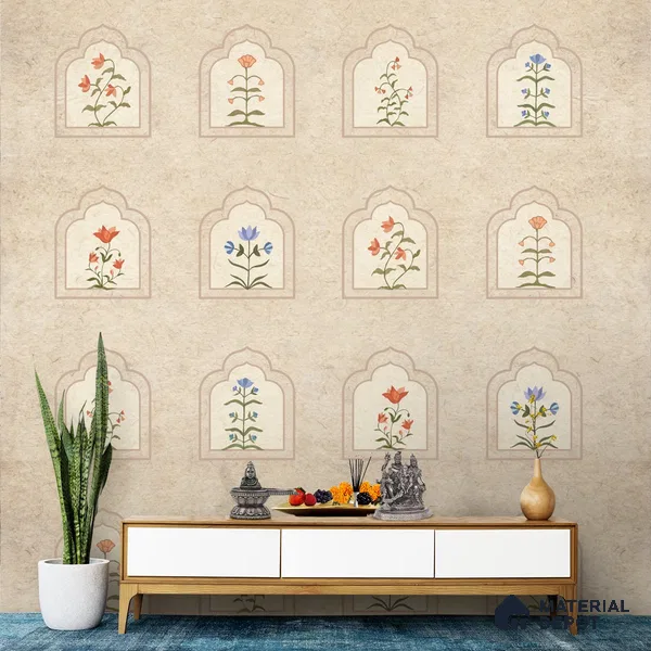 Floral Radiance Framed Jharokha Wallpaper for Rooms, Customised Indrani Series Soft Feel Patterned Design (Customised Size Wallpaper )