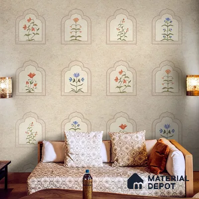 Floral Radiance Framed Jharokha Wallpaper for Rooms, Customised Indrani Series Soft Feel Patterned Design (Customised Size Wallpaper )