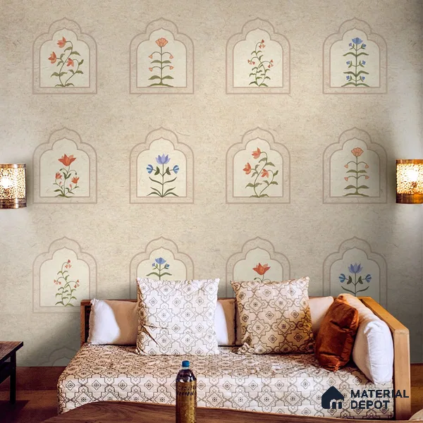 Floral Radiance Framed Jharokha Wallpaper for Rooms, Customised Indrani Series Soft Feel Patterned Design (Customised Size Wallpaper )