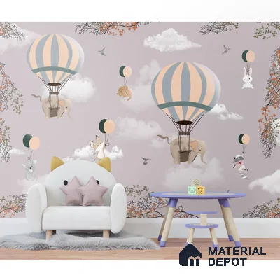 Flying Animals on Hot Air Balloons Wallpaper Design for Kids, Customised Sparkla N Shine Series Canvas Entertainment Design (Customised Size Wallpaper)