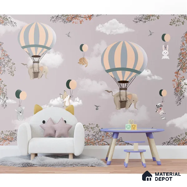 Flying Animals on Hot Air Balloons Wallpaper Design for Kids, Customised Sparkla N Shine Series Canvas Entertainment Design (Customised Size Wallpaper)