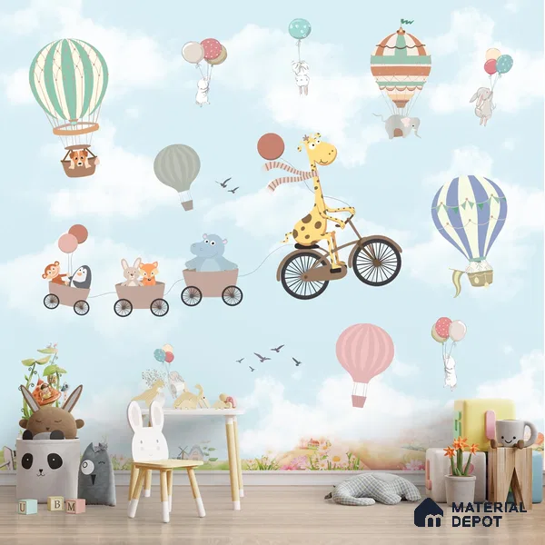 Flying Giraffe Cycle Train Wall Mural for kids Room, Customised Sparkla N Shine Series Handmade Entertainment Design (Customised Size Wallpaper)