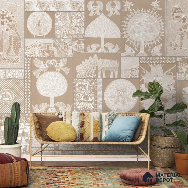 Geet Madhubani Canvas Clay Beige Color (Customised Wallpaper)