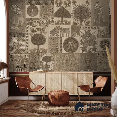 Geet Madhubani Sandstone Wallpaper In Vintage Brown (Customised Wallpaper)