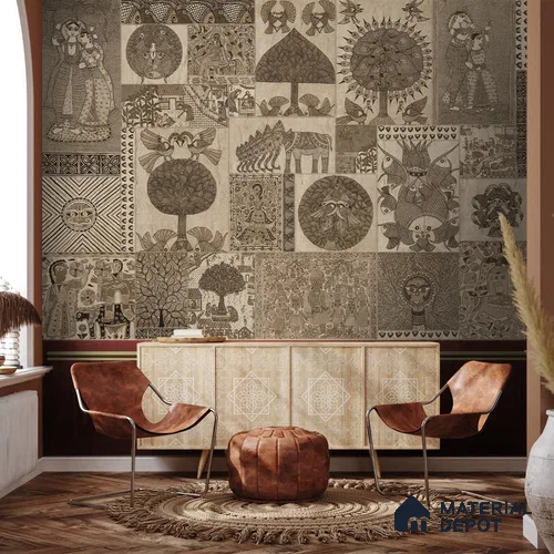 Geet Madhubani Canvas Wallpaper In Vintage Brown (Customised Wallpaper)