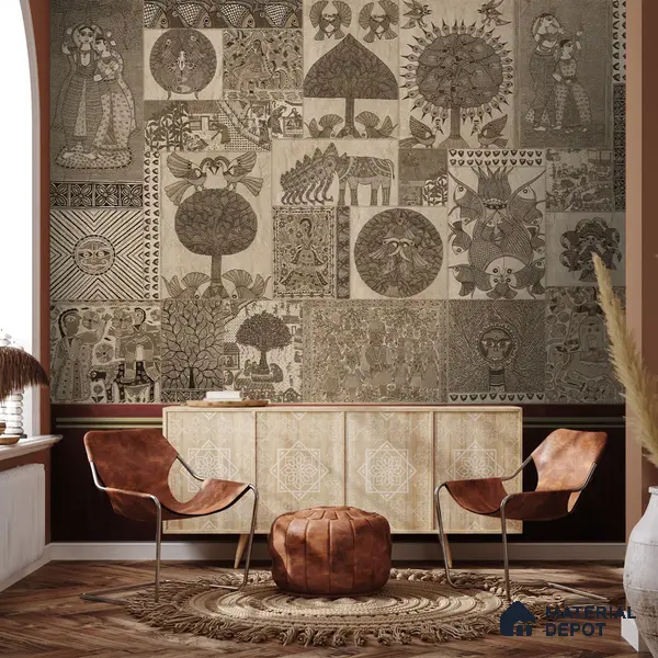 Geet Madhubani Sandstone Wallpaper In Vintage Brown (Customised Wallpaper)