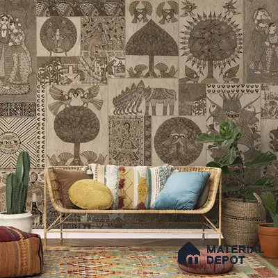 Geet Madhubani Sandstone Wallpaper In Vintage Brown (Customised Wallpaper)