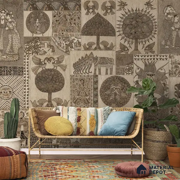 Geet Madhubani Sandstone Wallpaper In Vintage Brown (Customised Wallpaper)