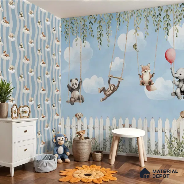 Animals Kids Room Wallpaper- Giggle Garden in Blue Color Soft Feel (Customized Size Wallpaper)